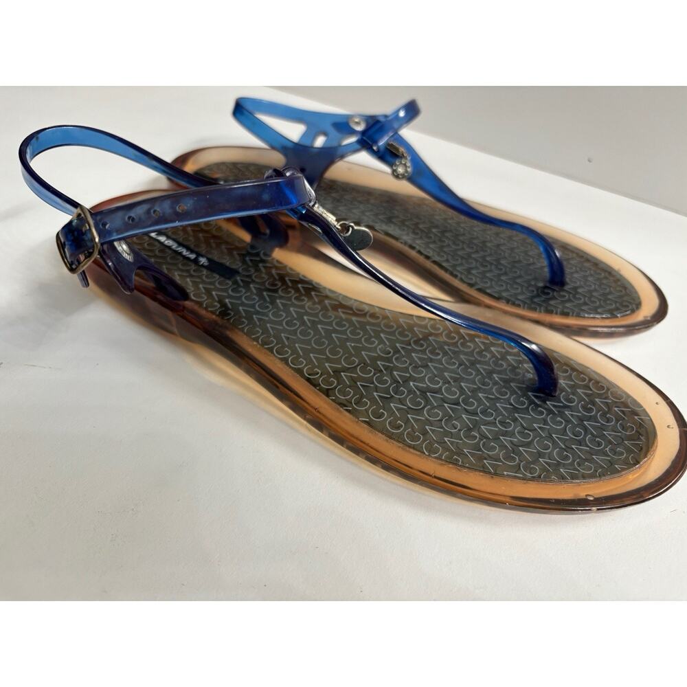 Laguna Women's Blue Jelly Thong Sandals Slingback T-Strap Buckle Logo Size 9 - Picture 2 of 6